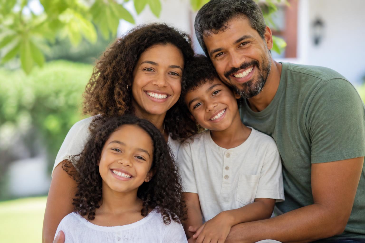 Família de várias gerações sorrindo, simbolizando cuidado e saúde
